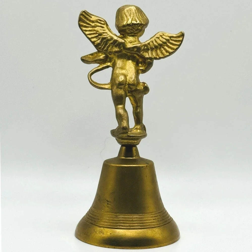 Vintage‎ Brass Cherub Angel Bell Violin Player Hand Bell Cupid Figurine Decor